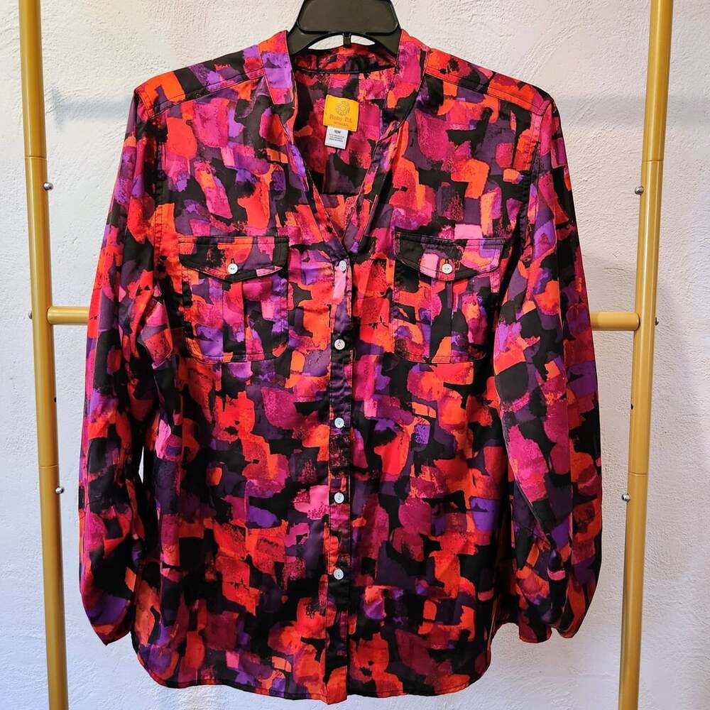 Ruby Rd. Button Down Blouse Size 18W Pink Purple Abstract Print Shirt